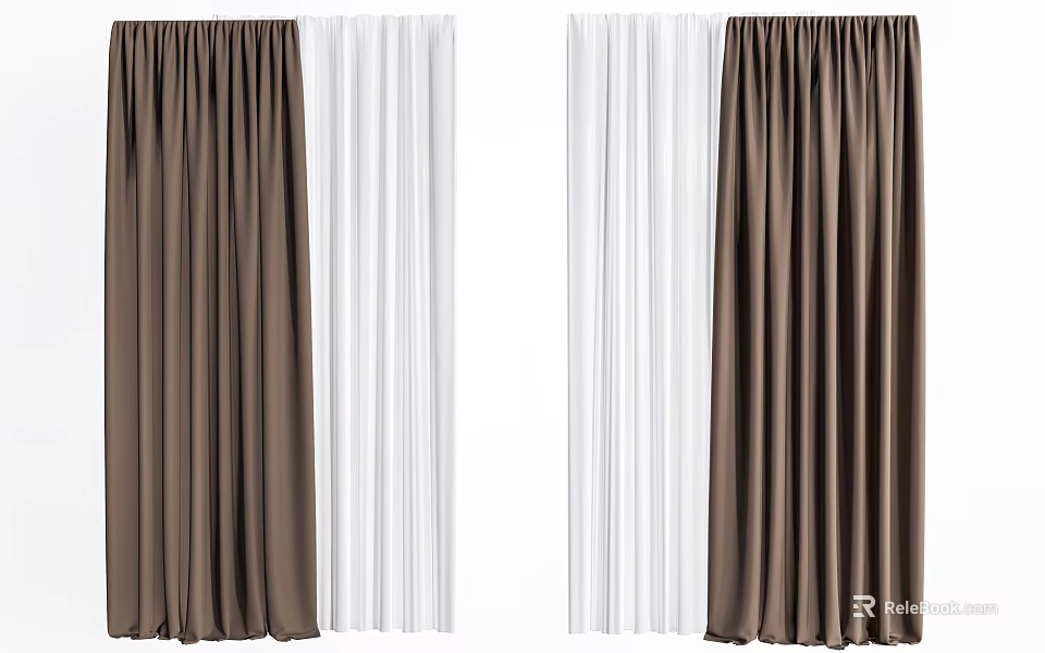 Dark Brown And White Curtains With Double Layer Design For Home Windows 3d model 