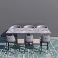 Modern Bar Counter With Marble Top Six Gray Stools And Patterned Floor Rug 3d model