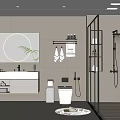 Modern Bathroom Interior Design With Round Mirror White Toilet Glass Shower And Marble Countertop