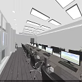 Open Public Office Space Interior Design With Multiple Workstations Desks Chairs And Plants 3d model
