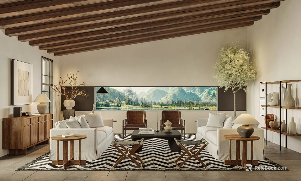 Modern Living Room Interior With White Sofa Wooden Ceiling Geometric Rug And Mountain View Through Large Windows 3d model 