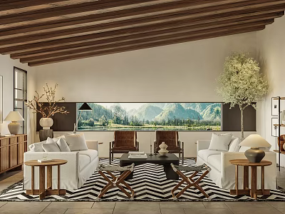 Modern Living Room Interior With White Sofa Wooden Ceiling Geometric Rug And Mountain View Through Large Windows 3d model