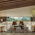 Modern Living Room Interior With White Sofa Wooden Ceiling Geometric Rug And Mountain View Through Large Windows