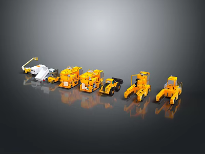 Different Types of Yellow and White Construction Vehicle Models Arranged in a Row 3d model