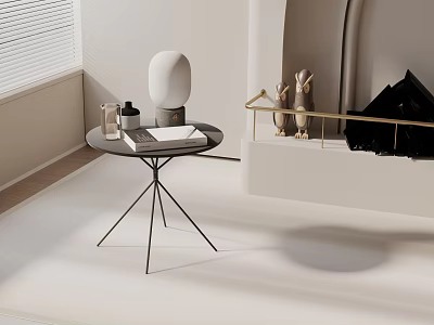 Modern Black Side Table with Metal Tripod Legs White Lamp Books Near White Blinds Fireplace 3d model