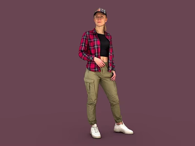 Woman In Red Plaid Shirt Black T-shirt And Khaki Cargo Pants Standing Against Solid Background 3d model