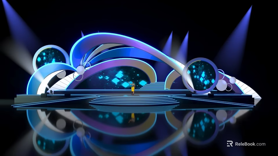 Futuristic Stage Design Featuring Curved Structures Circular Decorations Blue Purple Lighting And Floor Reflection 3d model