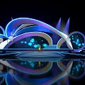 Futuristic Stage Design Featuring Curved Structures Circular Decorations Blue Purple Lighting And Floor Reflection 3d model