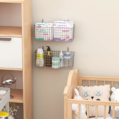Wall Mounted Wire Storage Baskets Organizing Baby Items In Tidy Nursery Room 3d model
