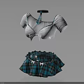 Fashionable White Short Sleeve Top with Blue Bow and Plaid Ruffled Skirt