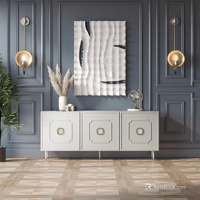 White Entryway Console Table with Three Circular Decor Drawers Gold Wall Lamps and Quilted Art 3d model 