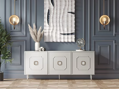 White Entryway Console Table with Three Circular Decor Drawers Gold Wall Lamps and Quilted Art 3d model