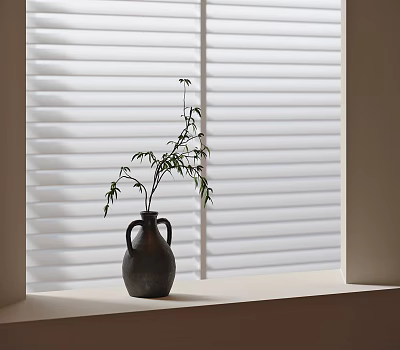 Dark Colored Two Handled Vase with Bamboo Branches on Windowsill against White Blinds 3d model