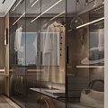 Elegant Modern Walk-in Closet Interior With Glass Doors Wooden Floor Cabinets And Shoe Storage Drawers