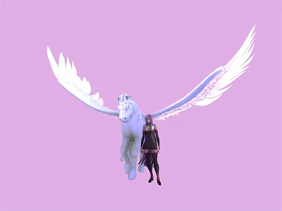 Fantasy Character In Dark Clothing With White Winged Unicorn On Pink Background 3d model
