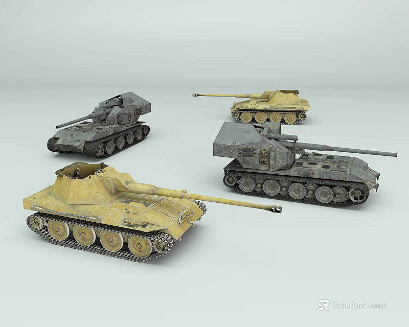 Assorted Tank Models in Gray and Yellow Colors Displayed on White Background 3d model