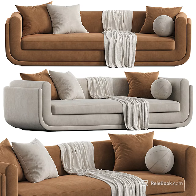 Stylish Sectional Sofa Designs Brown And Beige With Plush Pillows Throw Blanket And Round Cushion 3d model 