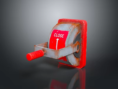 Red Close Button With Arrow On Rusty Metal Industrial Device 3d model