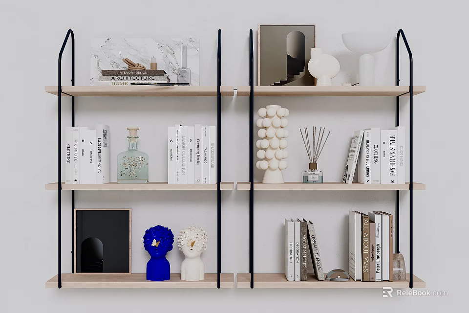 Modern Decorative Ornament Set on Wooden Shelves with Books Frames and Vases 3d model 