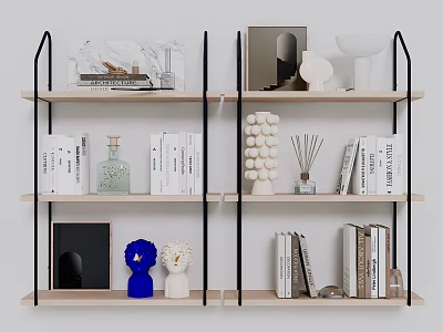 Modern Decorative Ornament Set on Wooden Shelves with Books Frames and Vases 3d model