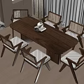 Modern Wooden Dining Table And Six Chairs With Woven Backrests And Gray Seat Cushions