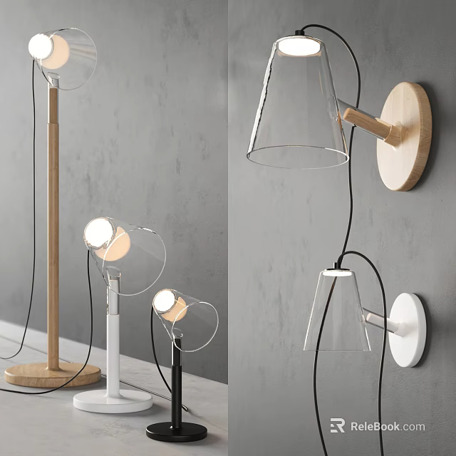Modern Lamp Combinations with Floor Table Wall Lamps Wooden Bases and Clear Glass Shades 3d model 