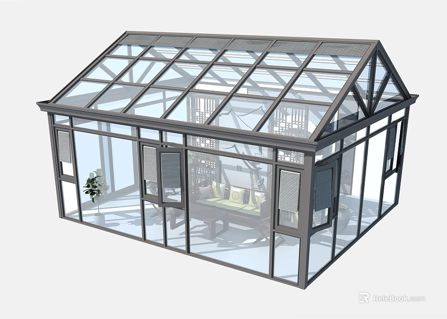 Modern Glass Sunroom Design Featuring Transparent Roof Aluminum Frame And Large Windows 3d model 