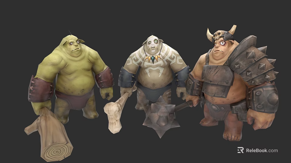 Three Muscular Game Movie Characters With Green Brown Skin And Wooden Bone Weapons 3d model 