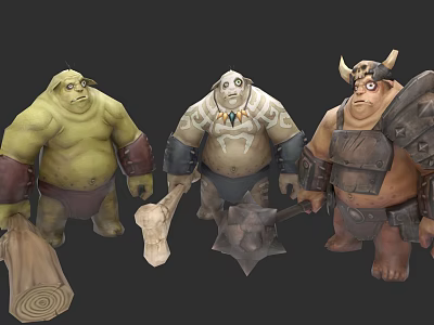 Three Muscular Game Movie Characters With Green Brown Skin And Wooden Bone Weapons 3d model