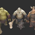 Three Muscular Game Movie Characters With Green Brown Skin And Wooden Bone Weapons