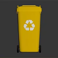 Yellow Recycling Trash Bin With White Recycle Symbol And Wheels