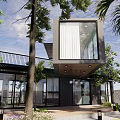 Modern Detached Villa Exterior Design With Large Glass Windows Surrounded by Greenery and Stone Pavement