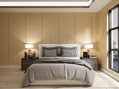 Modern Double Bed Interior with Wooden Wall Paneling Bedside Tables Table Lamps and Light Flooring 3d model
