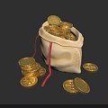 Shiny Gold Coins In Drawstring Bag With Scattered Coins On Black Surface