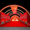 Red Arched Activity Passage With Golden Frames And Five Pointed Star Logo On Gray Floor