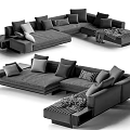 Modern Gray Sectional Sofa With Multiple Pillows And Attached Side Tables 3d model