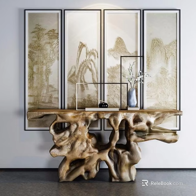 Natural Root Carving Console Table With Chinese Landscape Painting And Vase Decor 3d model 