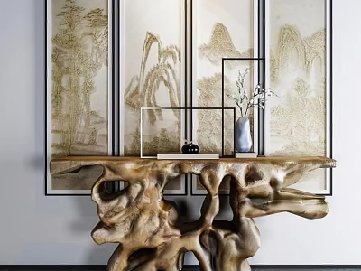 Natural Root Carving Console Table With Chinese Landscape Painting And Vase Decor 3d model