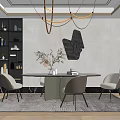 Modern Restaurant Interior With Hanging Pendant Lights Round Dining Table Upholstered Chairs And Artwork
