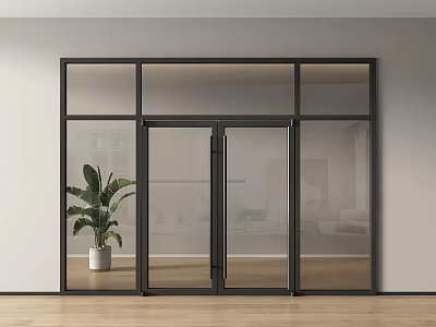 Modern Black Frame Glass Double Doors Interior Design With Potted Plant And Wooden Floor 3d model
