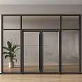 Modern Black Frame Glass Double Doors Interior Design With Potted Plant And Wooden Floor