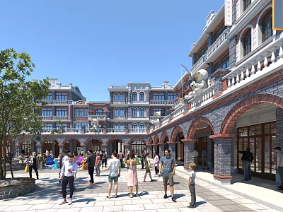 European Style Commercial Street Featuring Arched Doors Balconies Shops Pedestrians and Blue Sky 3d model
