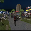 Scenic Night Pedestrian Street With Bright Lighting Shop Signs Pedestrians Trees and Outdoor Seating