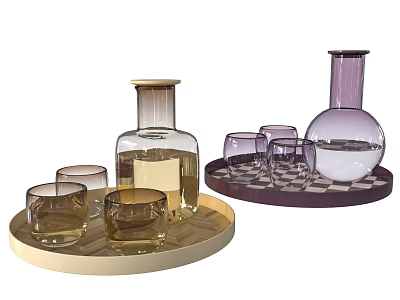 Elegant Beverage Display With Gold And Purple Glass Bottles And Drinking Glasses On Trays 3d model