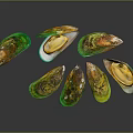 Vibrant Colored Mussels With Open And Closed Shells On Dark Surface