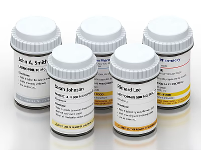 Personalized Prescription Bottles As Medical Devices With Pharmacy Labels And Usage Instructions 3d model