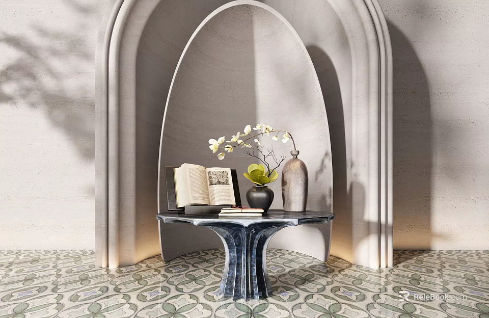 Round Table With Open Book Flower Vase Gray Bottle On Patterned Floor Against Arched Background 3d model 