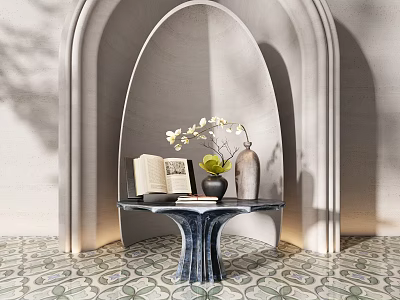 Round Table With Open Book Flower Vase Gray Bottle On Patterned Floor Against Arched Background 3d model