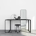 Modern Dressing Table Design with Black Frame Countertop Round Mirror Table Lamp Cosmetics and Stool 3d model
