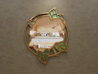 Round Mirror With Golden Frame And Green Leaf Decorations Reflecting Bedroom Bed And Nightstand 3d model